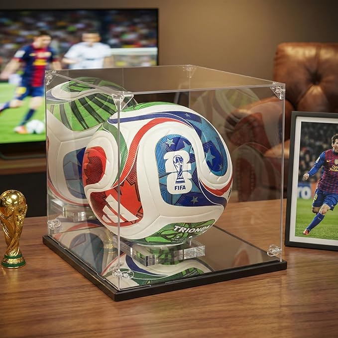 Acrylic Soccer Ball Display Case - Mirror Back & Base, UV Protection Dustproof Box for Autographed Size 5 Soccer Ball - Heavy Duty Memorabilia Cube Holder with Removable Stand (10.5" x 10.5" x 10.8")