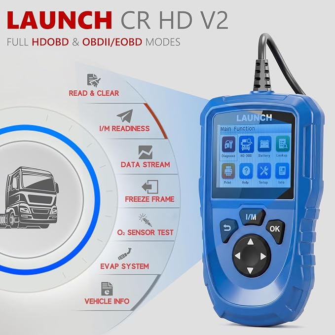 LAUNCH Creader HD V2 Heavy Duty Truck Diagnostic Scanner 2-in-1 HDOBD OBD-II EOBD Code Reader for Freightliner, for Paccar, for International, for Volvo, for Cummins, for Caterpillar HD OBD Scan Tool
