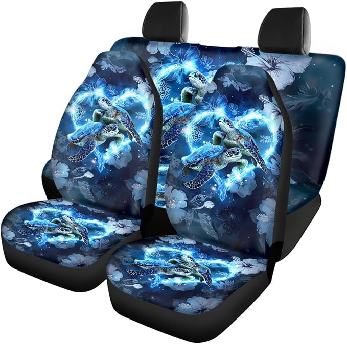 Sea Turtle Print Car Interior Accessories Set of 18, Car Seat Covers Full Set for Women, Auto Steering Wheel Cover Floor Mats Armrest Pad Seat Belt Pads Roof Cup Coaster Handle Wraps Keychains