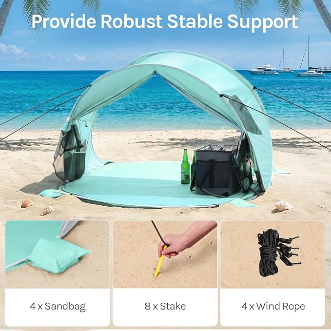 Wolfwise Pop up Beach Tent Sun Shelter with UPF50+ UV Protection, Instant Easy Setup Popup Beach Shade Canopy for 2 Person, Portable & Foldable with Carring Bag, 79 ×49×38 in, Mint Green