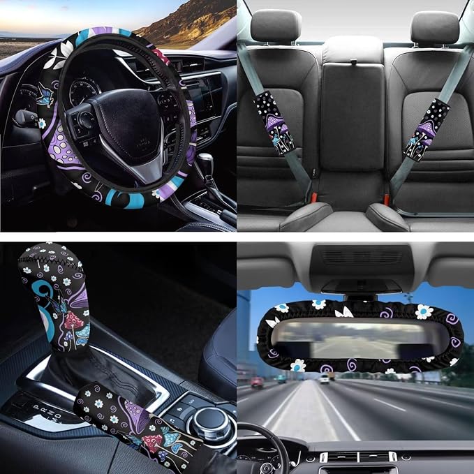 Abstract Hippie Mushroom Purple Auto Seat Cushion Decor Accessory with Coaster,Seatbelt Pad Car Car Rear View Mirror Cover,15Inch Steering Wheel Cover,Gear Shift Knob Handbreak Pads