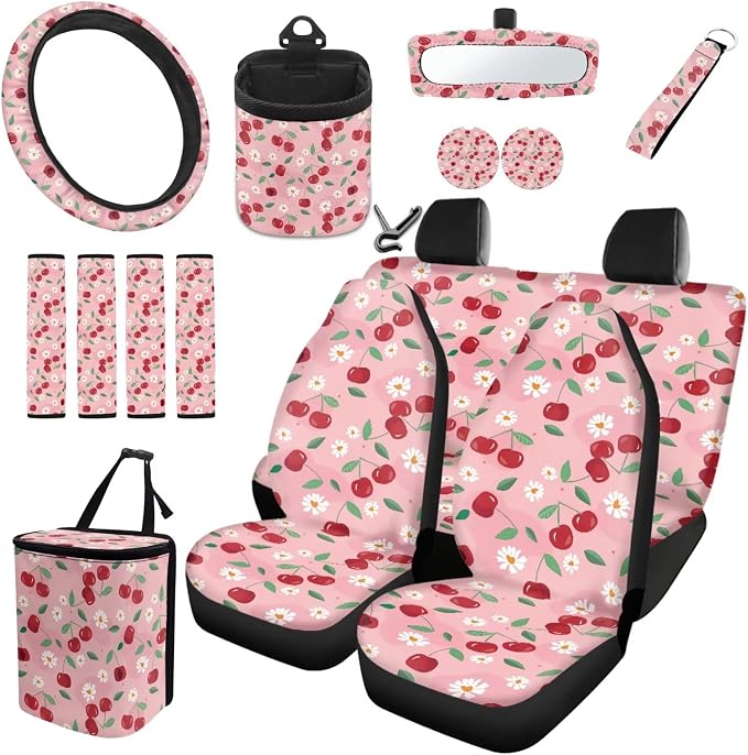Dreaweet Pink Car Seat Covers Full Set for Women Cute Cherry Car Accessories with Steering Wheel Cover Seatbelt Covers Car Coasters Trash Bag Air Vent Storage Bag Rearview Mirror Cover Keychain,15 Pcs