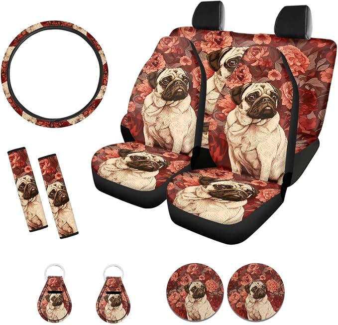 Suobstales Pug Dog Flower Print Car Seat Covers Set Interior Accessories Bucket Seat Cover Rear Split Bench Protection with Steering Wheel Covers,Seat Belt Cover Coaster,Keychains Fits Most Vehicles