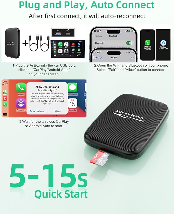 2025 New 4-in-1 Wireless CarPlay Adapter Support Netflix/YouTube/TF, Android Auto & Carplay Adapter with USB-A and USB-C Cables,Convert Wired to Wireless Apple Dongle, Video Box Car Play for iOS 10+