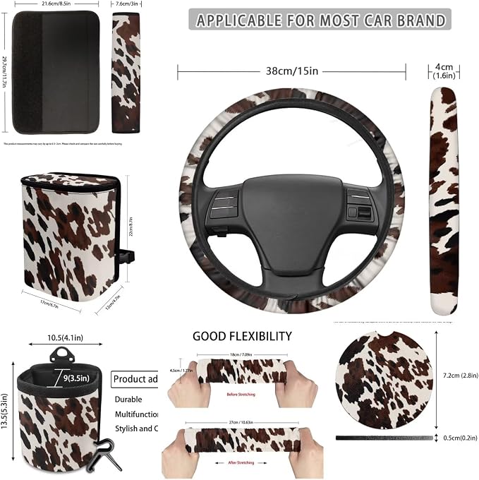 Dreaweet Brown Cow Print Car Seat Covers Full Set for Women Cute Car Accessories Seat Cover with Wheel Cover Seatbelt Covers Car Coasters Trash Bag Vent Storage Bag Rearview Mirror Cover Keychain