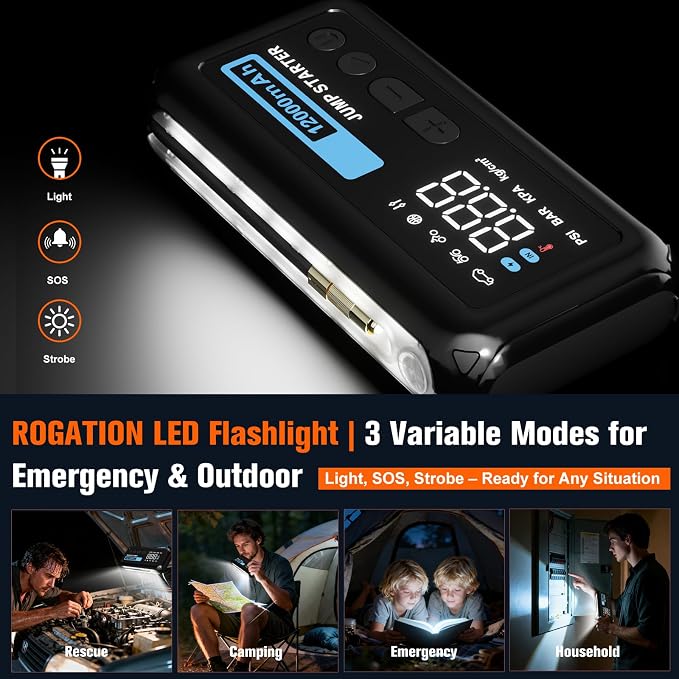Jump Starter with 150PSI Air Compressor, 2500A Peak 12V Booster, 12000mAh Portable Car Battery Jump Starter, Up to 10L Gas/8L Diesel Engines, 33W Bidirectional Fast Charging Power Bank-Black