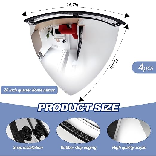 Suzile 4 Pieces 26 Inch Convex Mirror Corner Quarter Dome Mirror Blindspot for Wall Security Safety Acrylic High Viewing Angle
