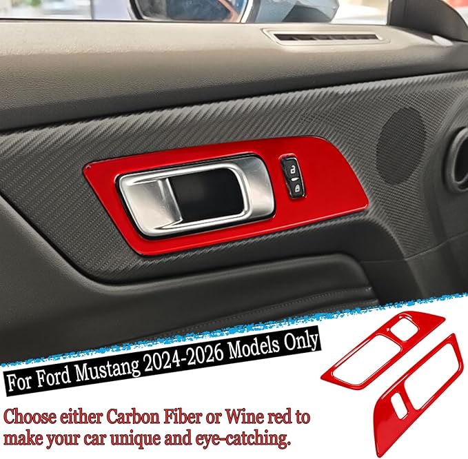 MUXEE Inner Door Handle Cover，for Ford Mustang 2024-2026 / Shelby GT350 2015-2020 / GT500 2020-2022，ABS Wine red Decal Interior Trim Cover Accessories (with Memory seat Button Style)