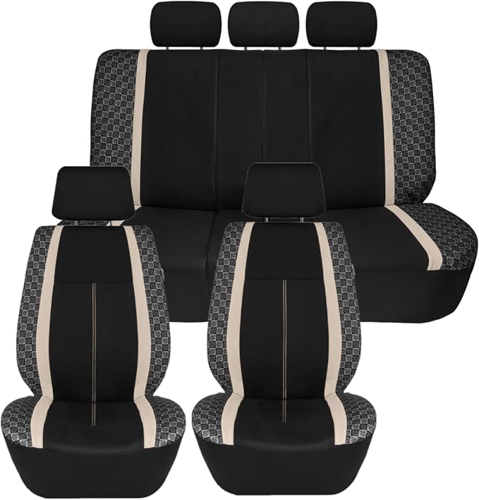 We Are Young Life is Fun™ Checker Car Seat Covers Universal Fit Interior Accessories Full Set Beige Seat Cover Combo Steering Wheel Cover and Seat Belt Pads, Airbag and Split Rear Car Seat Covers