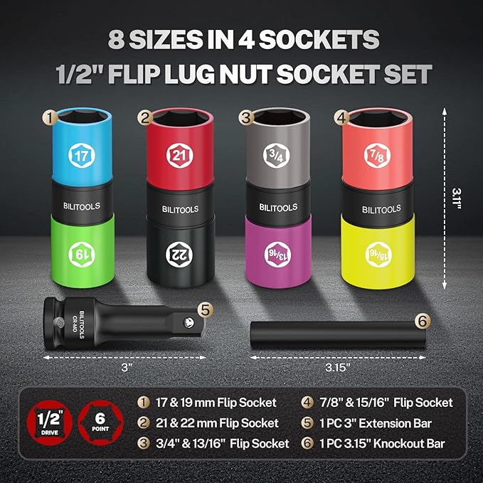 BILITOOLS 1/2 inch Drive Impact Lug Nut Socket Set