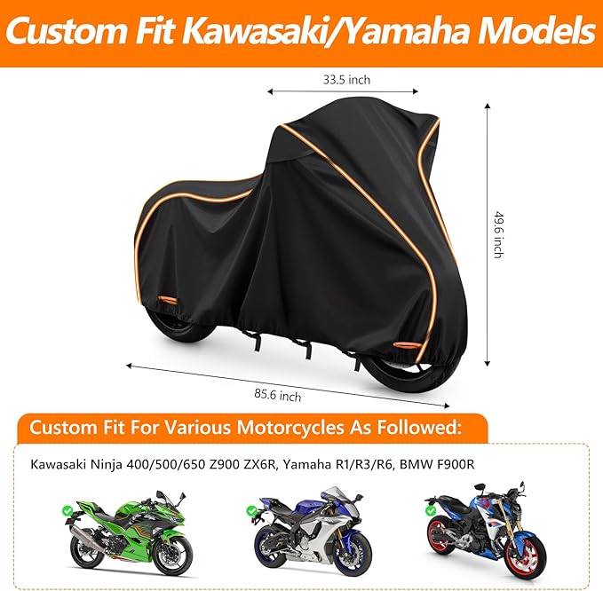 Motorcycle Cover for Kawasaki Ninja 400/500/650 Z900 ZX6R, Yamaha R1/R3/R6, BMW F900R Outdoor Heavy Duty 420D Waterproof Windproof Sport Street Bike All Weather Protection (No Trunk Models)