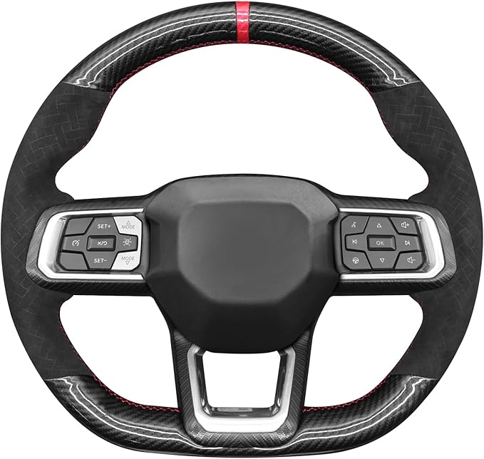 MEWANT Hand Stitch Black Shiny PU Carbon Fiber Woven Embossed Athsuede Steering Wheel Cover for Ford Mustang 2024