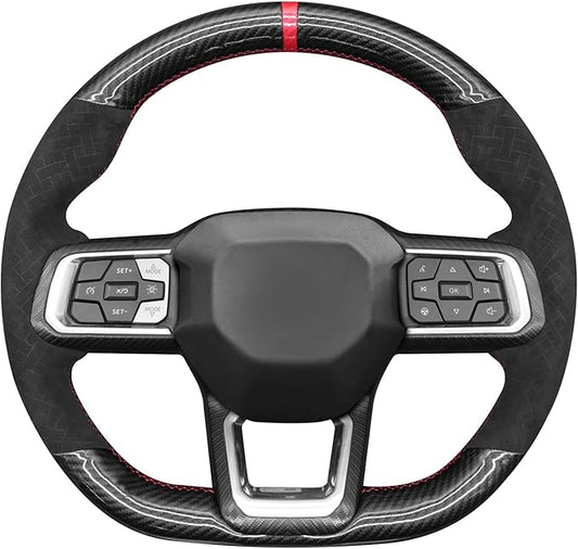 MEWANT Hand Stitch Black Shiny PU Carbon Fiber Woven Embossed Athsuede Steering Wheel Cover for Ford Mustang 2024