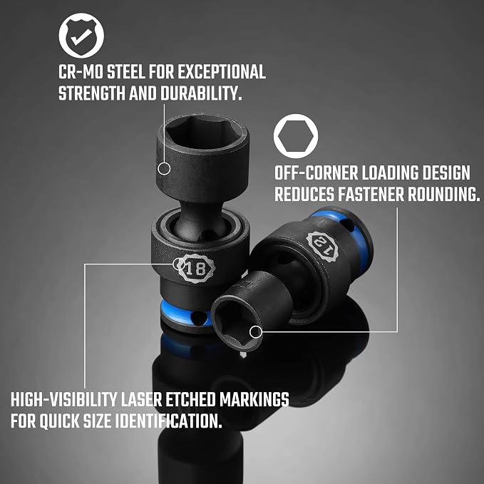 DURATECH 3/8" Drive Impact Universal Joint Socket Set, Swivel Socket Set, 11-Piece, Metric, 8-19mm, Cr-Mo Steel, Organized in EVA Foam Organizer