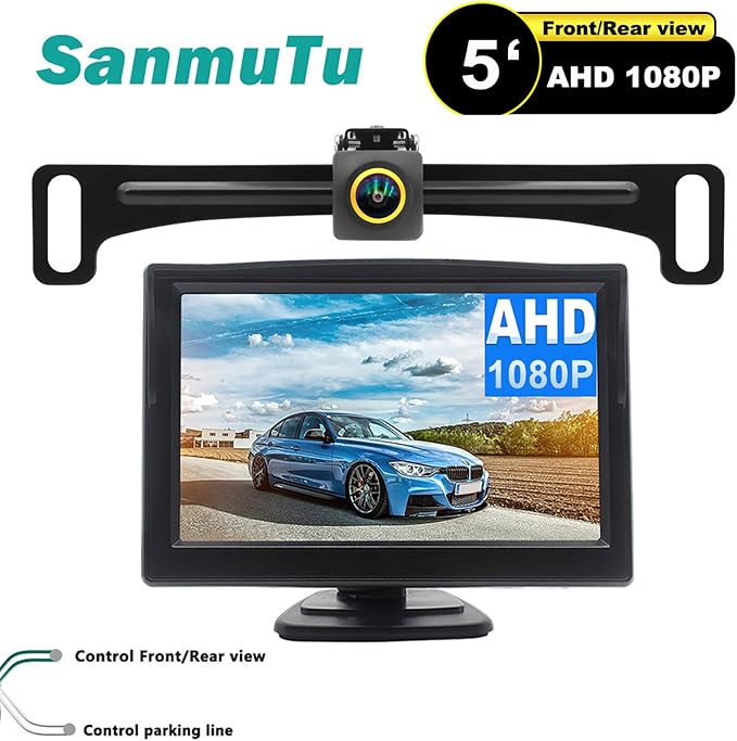 Wired Backup Camera for Truck 5 '' AHD 1080P Front Rear View Monitor KIT 2K IP67 Waterproof Night Vision Reverse Camera for CAR, License Plate Back UP Reverse Camera for 12V Cars Sedan Truck Van SUV