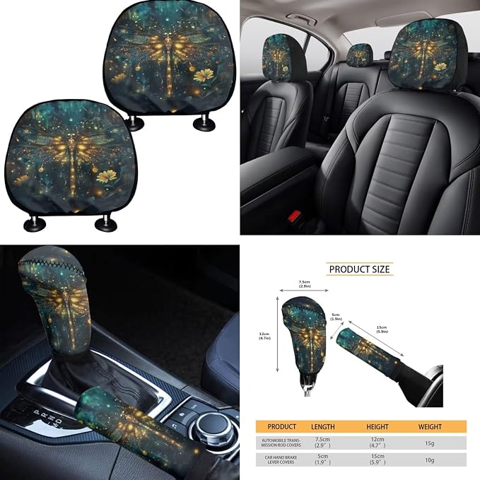 Green Dragonfly Car Seat Covers Full Set for Women,Turtle Steering Wheel Cover Seat Belt Cover Pad Cup Car Coasters Trash Can Car Headrest Pillow Covers Armrest Pad,15 Pcs Set