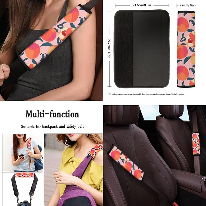 10 Pcs Peach Car Seat Covers, Honey Peaches Lover Breathable Full Set Vehicle Seat Protector, Watercolor Summer Fruit Steering Wheel Cover Universal Fit for SUV