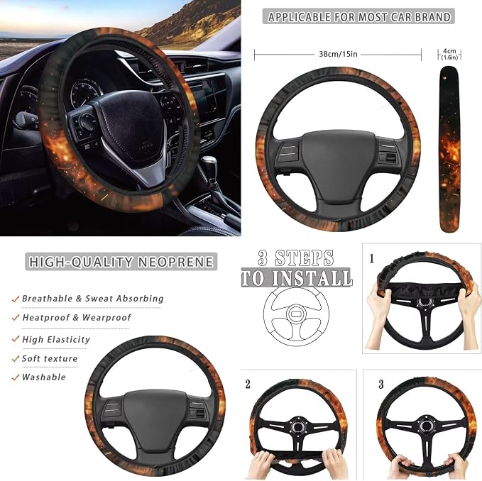 Howilath Flame Skeleton Car Seat Cover Set of 10 with Front Seat Cover Split/Keychain/Seatbelt Pads/Steering Wheel Cover/Armrest Cushion/Coasters Auto Accessories