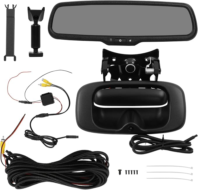 Gledewen Backup Camera Tailgate Handle & 4.3 inch LCD Rear View Mirror Monitor, Upgraded Metal Tailgate Latch, Compatible with 1999-2006 Chevy Silverado/GMC Sierra 1500 2500 3500, Replace 15997911