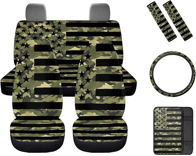 8 Pcs American Flag Theme Car Accessories Set, Car Seat Covers Full Set with Auto Steering Wheel Cover Center Console Pad Seat Belt Covers, Patriotic Decorations