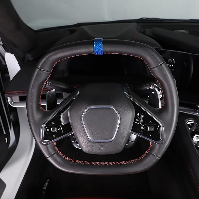 Daeiclru Real Carbon Fiber Steering Wheel Circle Cover Sticker Compatible with Chevrolet Corvette C8 Stingray 2020-2025, Steering Wheel Top Center Guide Decorative Accessories (Blue)