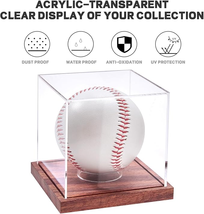 LITY 2 Pack Baseball Display Case, No Assembly Required Clear Cube Tennis Ball Holder with Solid Wooden Base, Autograph Baseball Stand Box for Single Ball