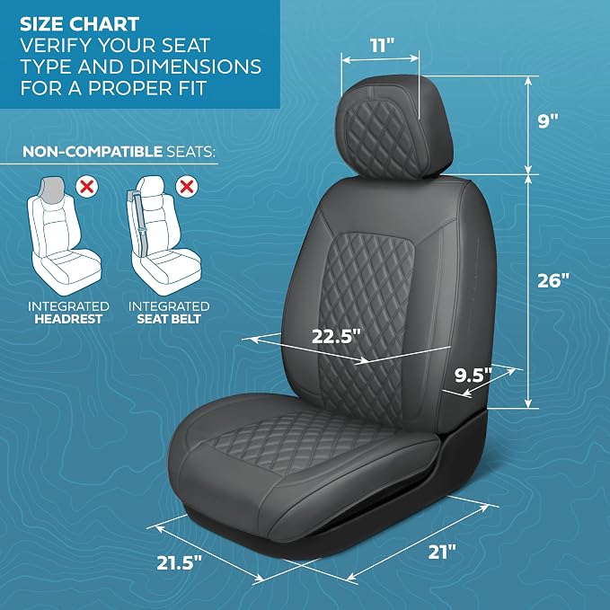 MotorBox Haven Series Napa Leather Seat Covers for Cars, Lux Edition Diamond Stitched Front Seat Covers, Premium PU Leatherette Gray Car Seat Covers for Cars Trucks SUVs