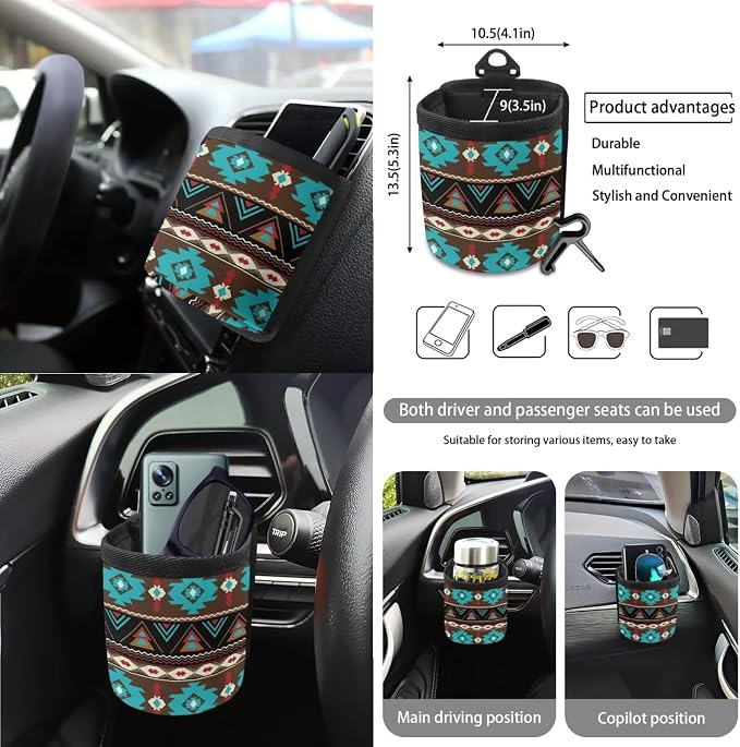 Wanyint Car Seat Cover Set 15 Pack, with Steering Wheel Seat Belt Strap Rearview Mirror Cover Garbage Cans Air Vent Pouch Coasters Keychain Auto Interior Decor, Southwest Aztec Teal Brown