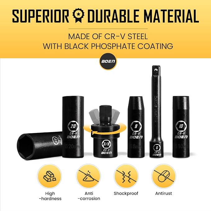 BOEN 3/8" Drive Deep Impact Socket Set, 18 Piece Metric Socket Set 8mm to 22mm, Includes 6", 10" Extension Bars, Universal Joint, 6 Point Design, Cr-V Steel, Heavy Duty Storage Case