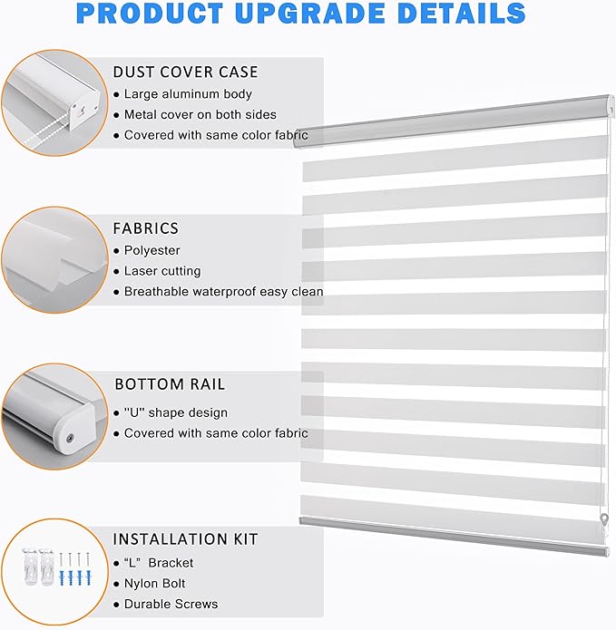 Zebra Blinds for Windows Dual Layer Light Filtering Privacy Free-Stop Sheer Shades Light Control for Indoor Windows Zebra Shades for Living Room(55" W X 72" H, White)