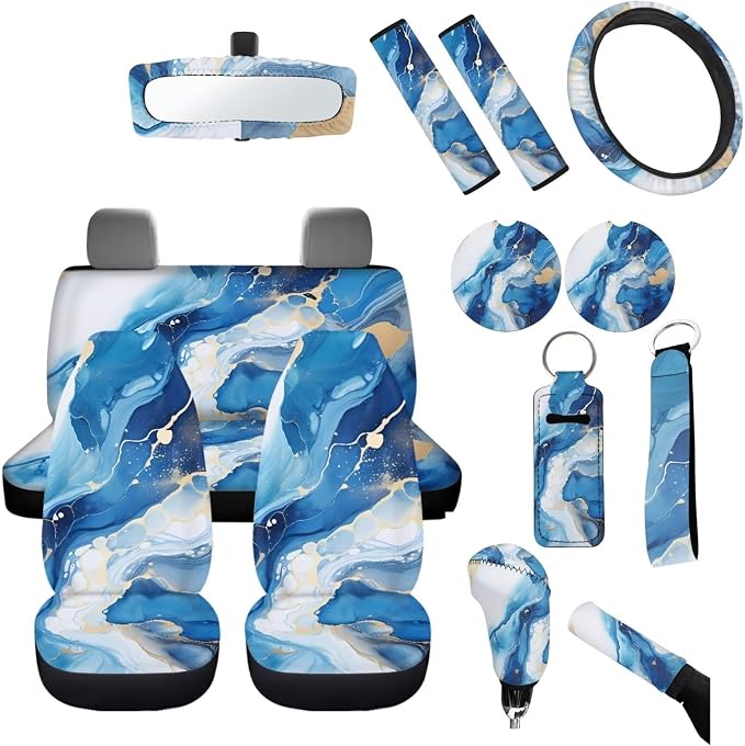 Blue Marble Auto Seat Covers 14pcs Full Set Car Accessory Universal Fit Car Seatbelt Pads Steering Wheel Cover Handbreak Gear Shift Cushion Keychain Durable Auto Interior Protector