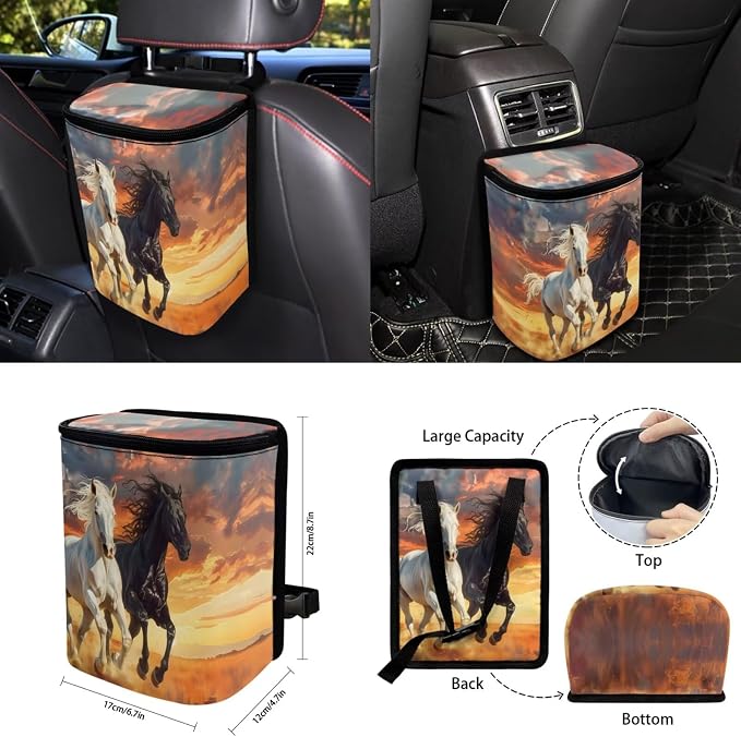 15 Pcs Car Seat Covers Full Set for Women Horse Car Accessories Interior Car Steering Wheel Cover Seatbelt Covers Trash Bin Rear View Mirror Cover Cup Holders Keychain