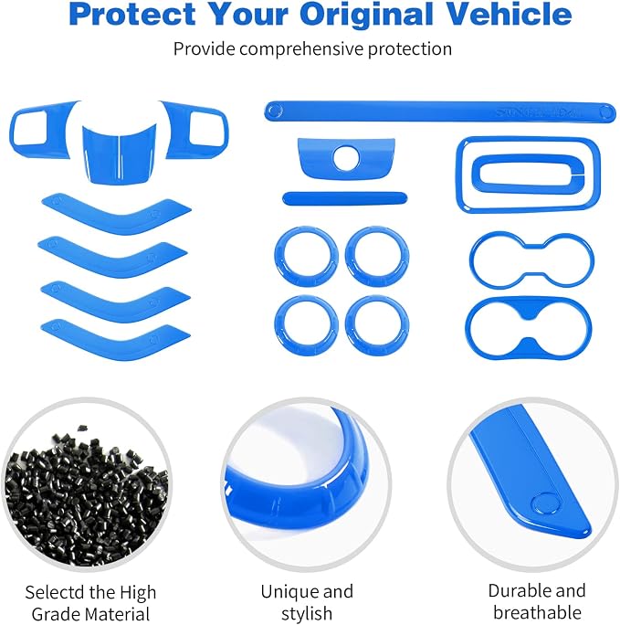 CheroCar 18PCS Interior Trim Kit for Jeep Wrangler JK JKU 2011-2018 4 Door,Steering Button Frame, Air Conditioning Vent Trim Cup Holder Cover,Gear Shift Knobs Frame,Blue…