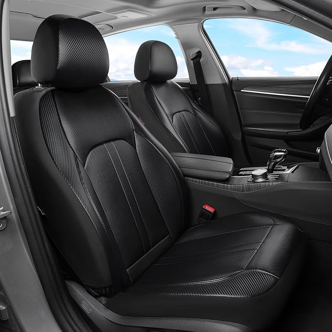 Coverado Leather Car Seat Covers Front Seats & Carbon Fiber, Waterproof and Durable All Weather Protector, Universal Fit for SUV, Pickup Truck, Sedan, Automotive Vehicle Interior, Black