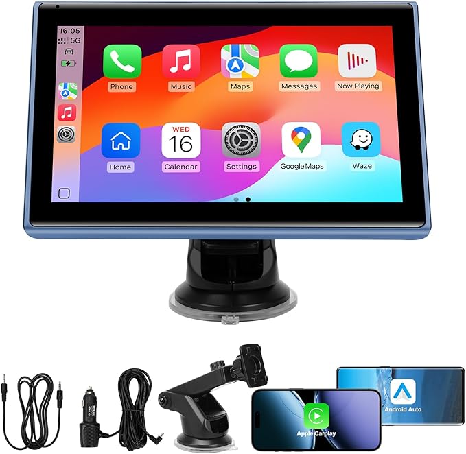 7" Portable Wireless CarPlay Screen for Car – Apple CarPlay & Android Auto, HD Touch Screen Car Stereo, Bluetooth, GPS Navigation, Voice Control, Plug-and-Play with FM/AUX/Mirror Link (Blue)
