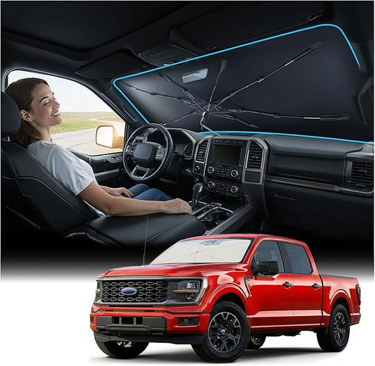 [2026 Upgraded] Nmoiss Windshield Sun Shade Umbrella for Ford F150 F250 F350 & Explorer - [Vinyl Coating Heat Shield] Protect Car from Sun Rays & Heat Damage Keep Cool and Protect Interior