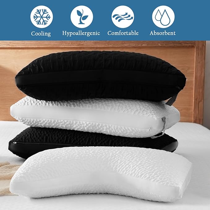 Cooling Contour Pillow for Side and Back Hot Sleepers Curved Memory Foam Pillow for Neck and Shoulder Pain Relief - Adjustable Shredded Memory Foam with Washable Cover, White Standard Size