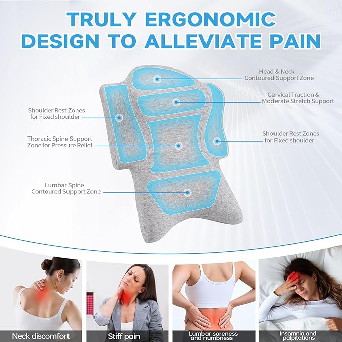 Cervical Pillows for Neck and Shoulder Pain with Lumbar Support,Memory Foam Neck Pillow for Deep Sleeping,Orthopedic Bed & Travel Pillow for Scoliosis,Postoperative Recovery & Poor Posture
