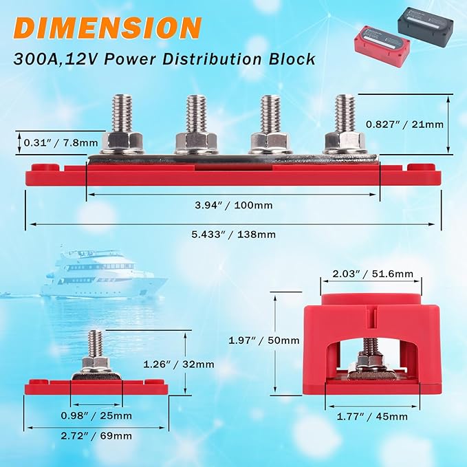 300A Heavy Duty Module Bus BAR 12V 24V 48V DC Power Distribution Block with 4 x 5/16" (M8) Battery Terminal Distribution Block - Buss Bar -Marine Bus Bar (Black & Red)