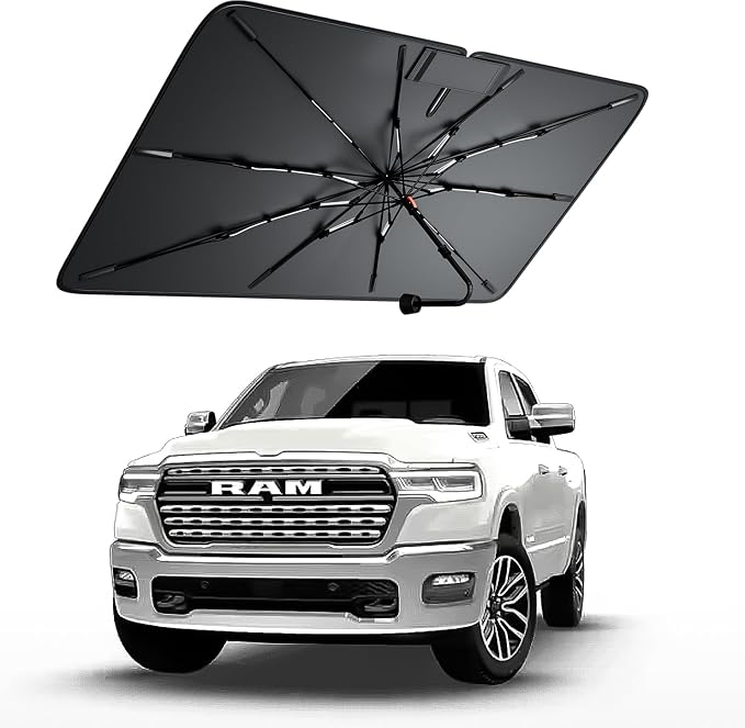 Windshield Sun Shade for Ram 1500 2011–2026, Foldable Umbrella Sunshade with 100% UV Block, Multi-Layer Heat Insulation, Reinforced 10-Rib Frame, Keeps Car Cooler, Summer Car Accessory