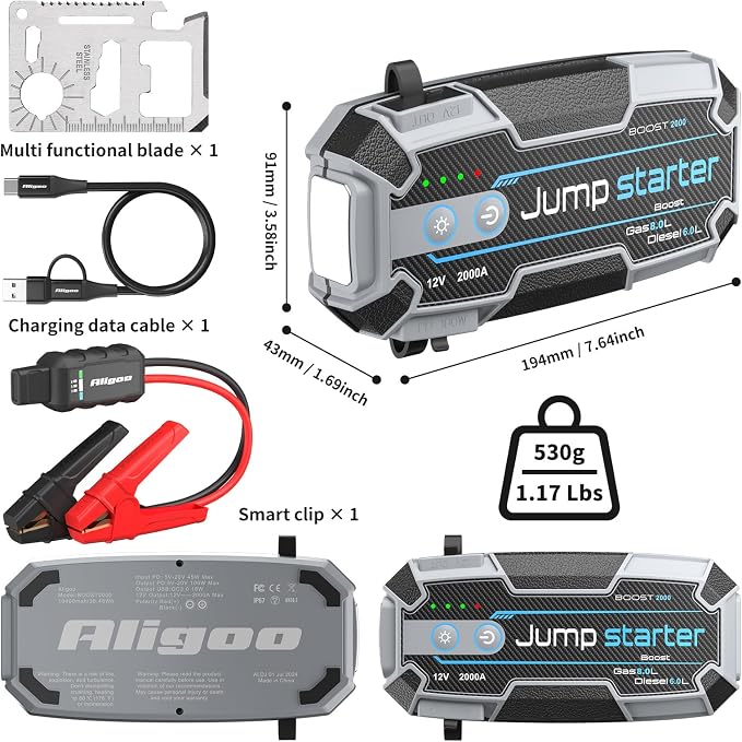 Car Battery Jump Starter 2000A with USB C 100W Fast Charge IP67 Waterproof Battery Jumper Starter Portable for Car Emergency Magnetic Hook Led Lights Outdoor Camping Traveler Boat SUV Truck