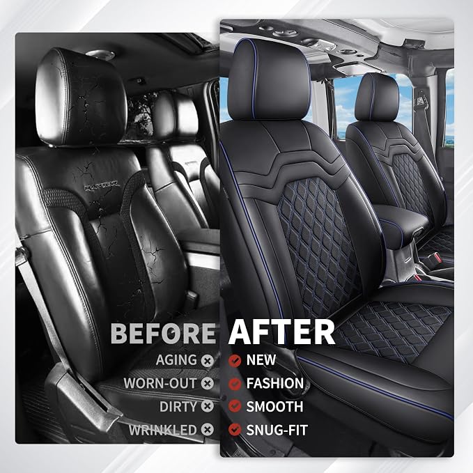Huidasource Car Seat Covers Full Set, Full Coverage Leather Seat Cushion Protector Fit for 2015-2026 Ford F150 & 2017-2026 F250 F350 F450 Crew Cab XL XLT Lariat King Ranch, Black&Blue