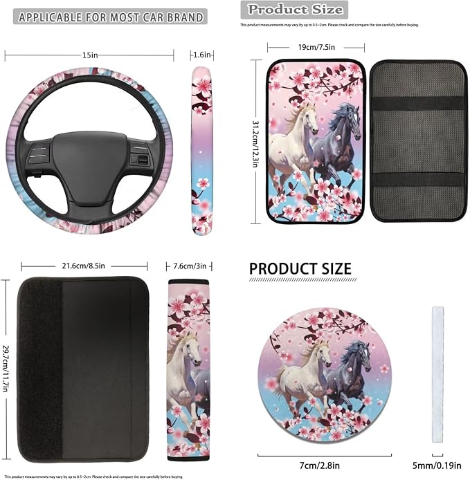 12 Pcs Pink Cherry Blossom Horse Car Seat Covers Full Set,Car Protectors,Universal Fit Front Back Seat Cushion/Seatbelt/Steering Wheel Cover/Anti Slip Coaster/Keychains for Cars SUV Truck