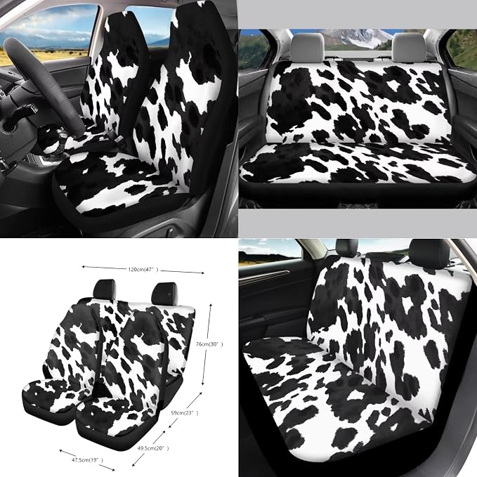 Cow Pattern Car Seat Covers Full Set Steering Wheel Cover Trash Can Air Vent Storage Bag Seatbelt Covers Rearview Mirror Cover Cup Coasters 15pcs Car Interior