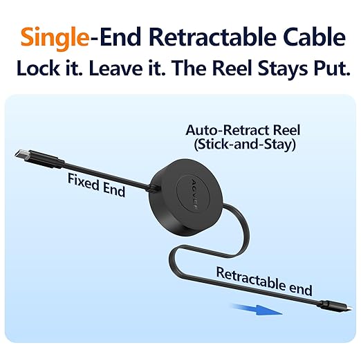 AGVEE 3ft Fixed / 2.3ft Extend USB-C to C Charger Cable Mountable One Way Retractable 60W Fast Charging Cord, Pocket-Sized for iPhone 16 15, Samsung, Android, Desk Organizer, Black (Pack of 2)