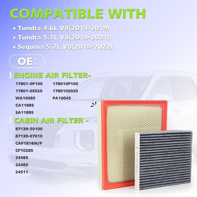 Engine And Cabin Air Filter kit for Sequoia 5.7L (2014-2022),Tundra 5.7L 4.6L (2014-2021), Replaces 17801-0P100, 87139-30040,CF10285
