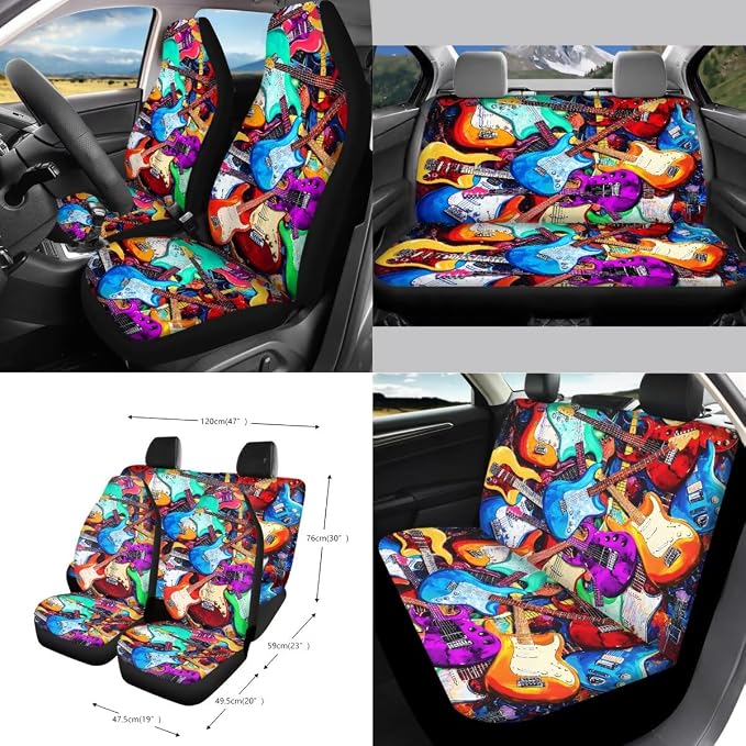 Colorful Guitar Print 15 PCS Car Front Back Seat Covers Full Set, Steering Wheel Cover Seatbelt Strap Pad Trash Cans Rear View Mirror Cover Air Vent Storage Bag Cup Coasters Keychain