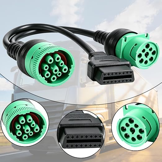 2 Pack Green Type 2 9 Pin J1939 Male to J1939 Female/16 Pin OBD2 Splitter Y Cable for Heavy Duty Truck