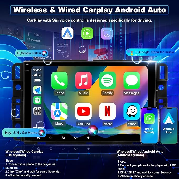 5GWiFi Car Radio for Chevrolet Silverado 1500 GMC Sierra 1500 2007-2013, Yukon Tahoe 2007-2014, Acadia 2007-2012, Savana Equinox 8inch Touch Screen Stereo, Carplay Android Auto GPS Camera