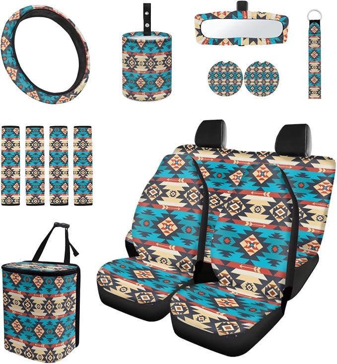 Southwest Aztec Blue Car Seat Covers Set of 15 with Universal Steering Wheel Cover, Rearview Mirror Cover, Car Trash Can, Seatbelt Pads, Cup Holder Coasters, Keychains